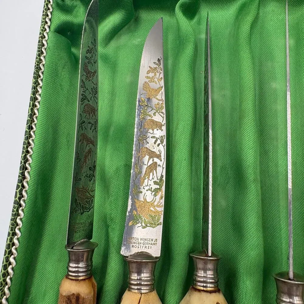 Vintage Anton Wingen Jr. Solingen Carving Steak Knives Stag Horn Handles Steel